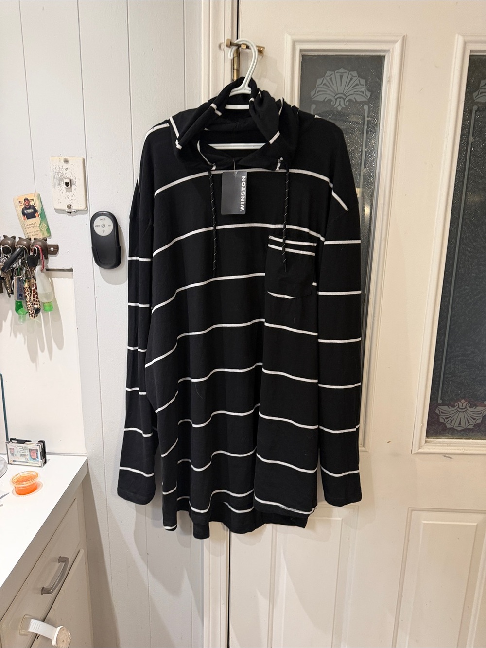 Men's Black Crewneck Sweater with White Stripes - Winston